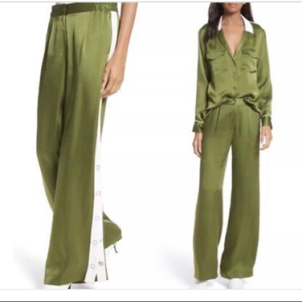 Green silk wide leg trousers from Equipment.